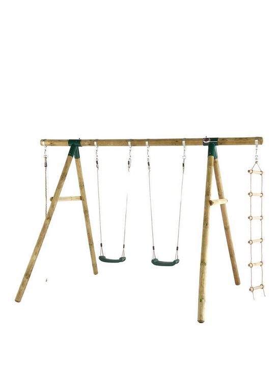 front image of plum-gibbon-wooden-garden-swing-set