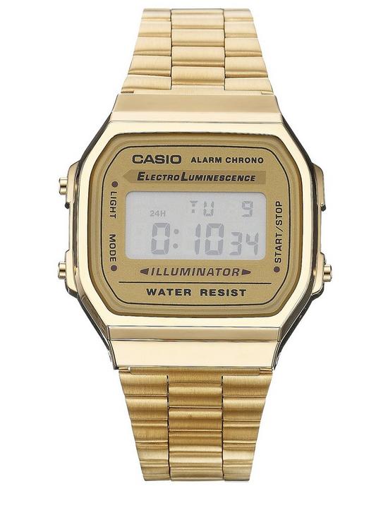 front image of casio-classic-vintage-gold-tone-retro-unisex-watch-a168wg-9ef