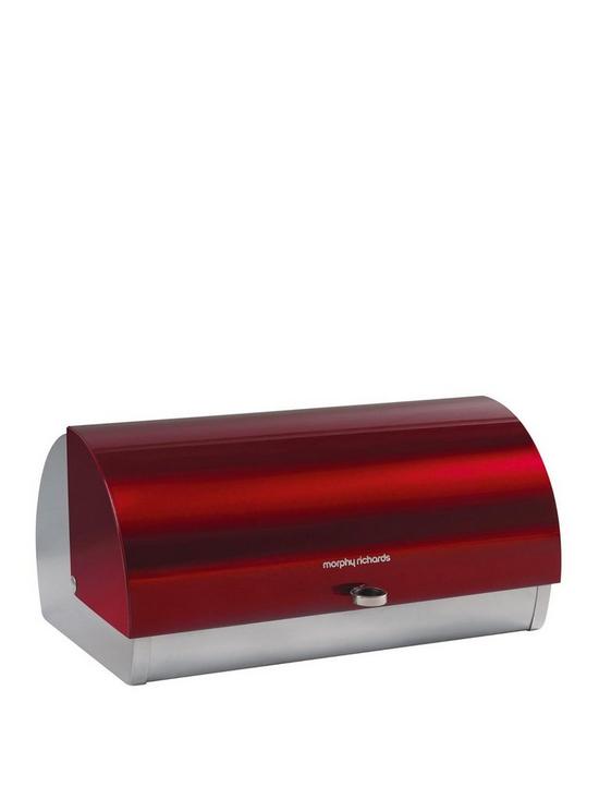 front image of morphy-richards-roll-top-bread-bin-red