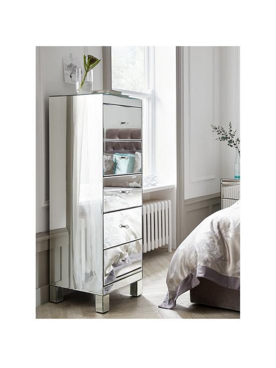 front image of parisian-ready-assembled-mirrored-tall-5-drawer-chest