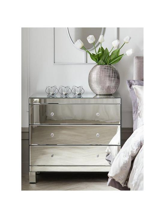 front image of parisian-ready-assembled-mirrored-wide-3-drawer-chest