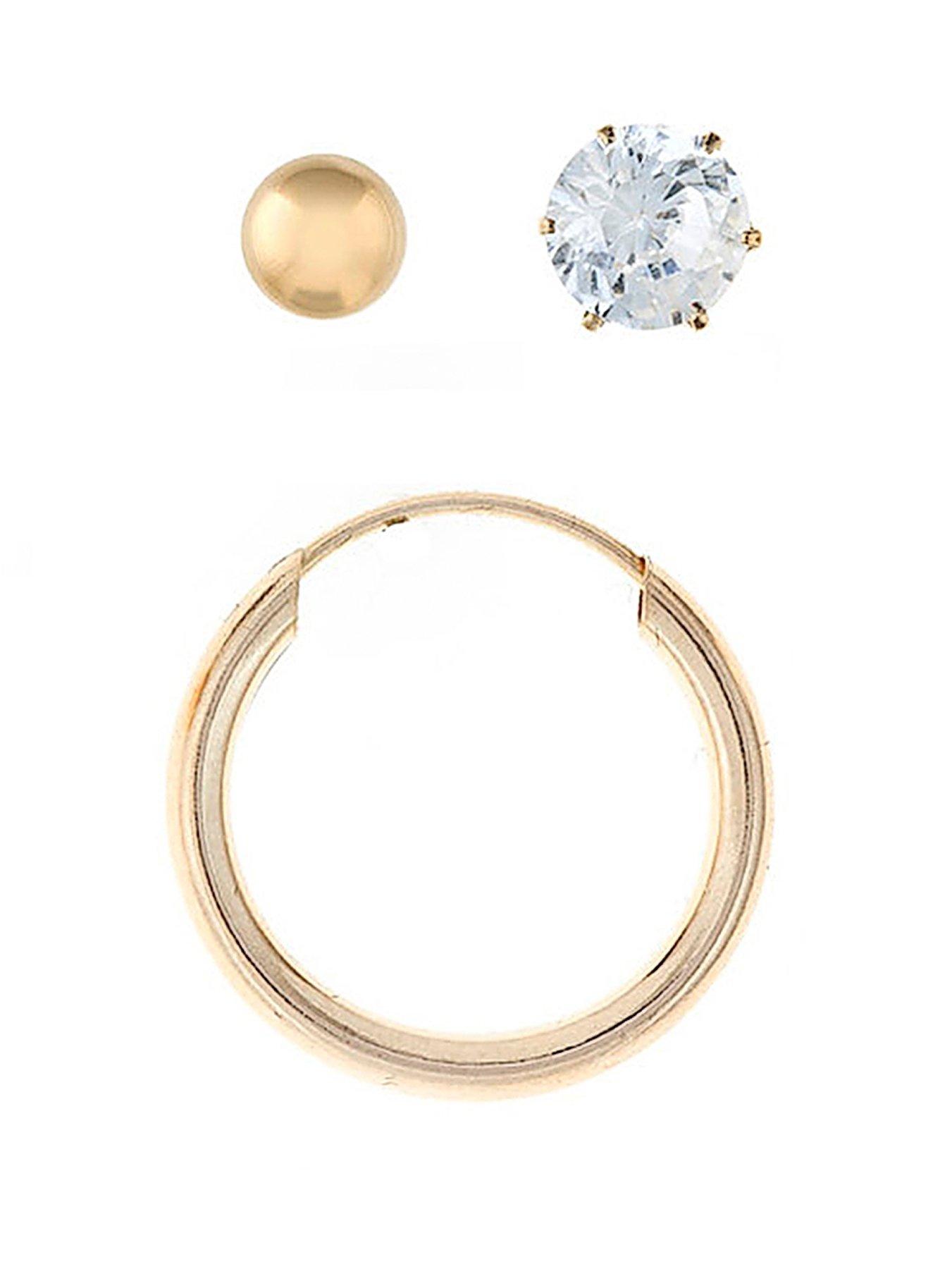 undefined 9 Carat Yellow Gold Mens Set of 3 Ball Stud, Hoop and Cubic Zirconia Earrings