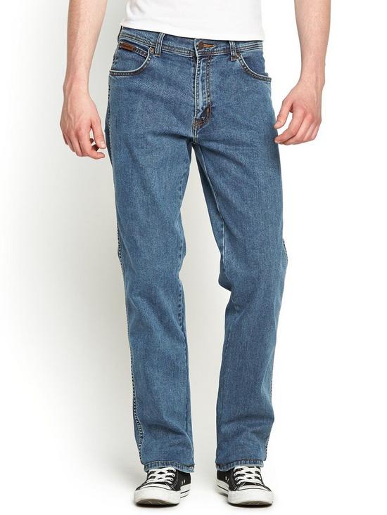 front image of wrangler-mens-texas-stretch-straight-jeans-stonewash