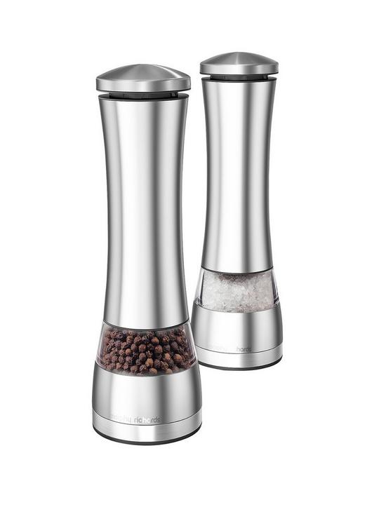 front image of morphy-richards-electronic-salt-and-pepper-mill-set-stainless-steel