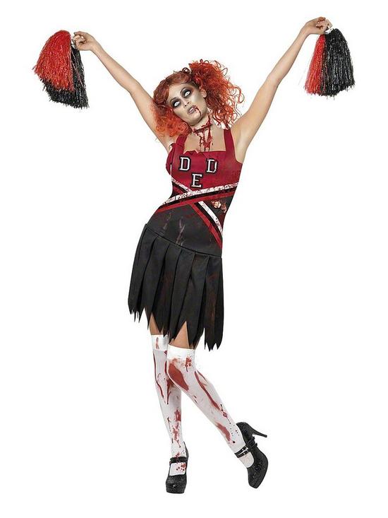 front image of halloween-zombie-cheerleader-and-bloody-stockings-adult-costume