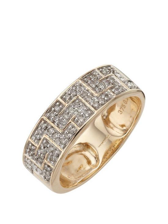 front image of love-diamond-9-carat-yellow-gold-25-point-diamond-greek-key-band-unisex-ring