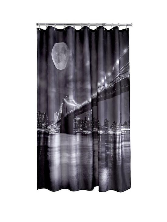 front image of aqualona-brooklyn-bridge-shower-curtain-blackwhite