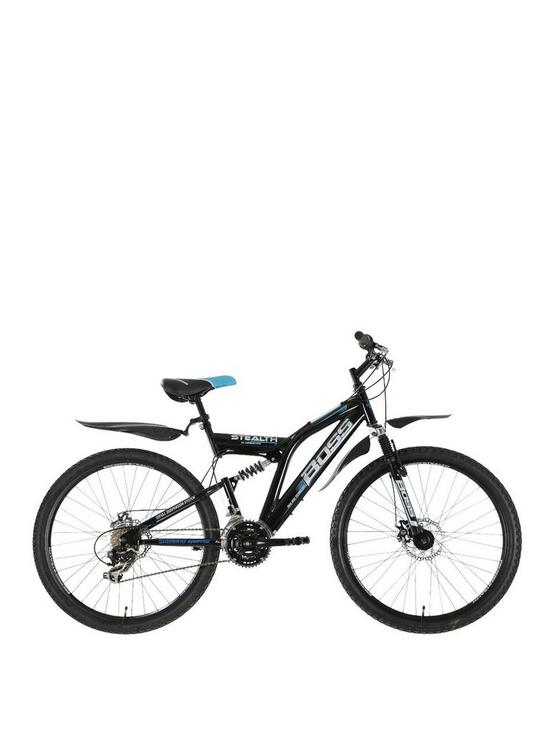 front image of boss-cycles-stealth-mens-full-suspension-mountain-bike
