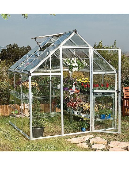 front image of canopia-by-palram-harmony-6-x-6ft-greenhouse-silver