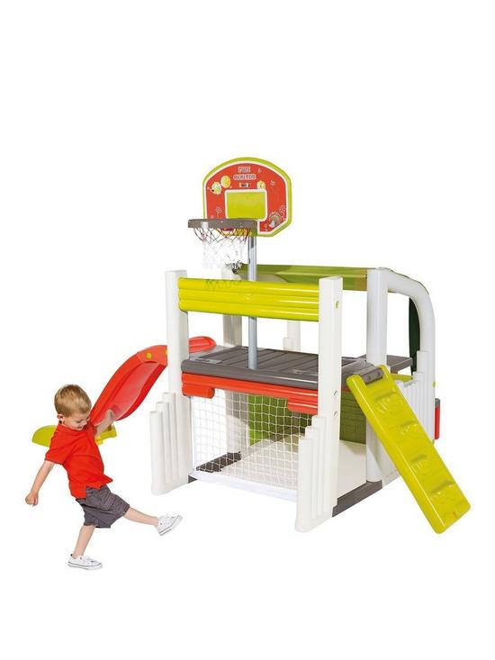 front image of smoby-fun-centre-playhouse-with-slide