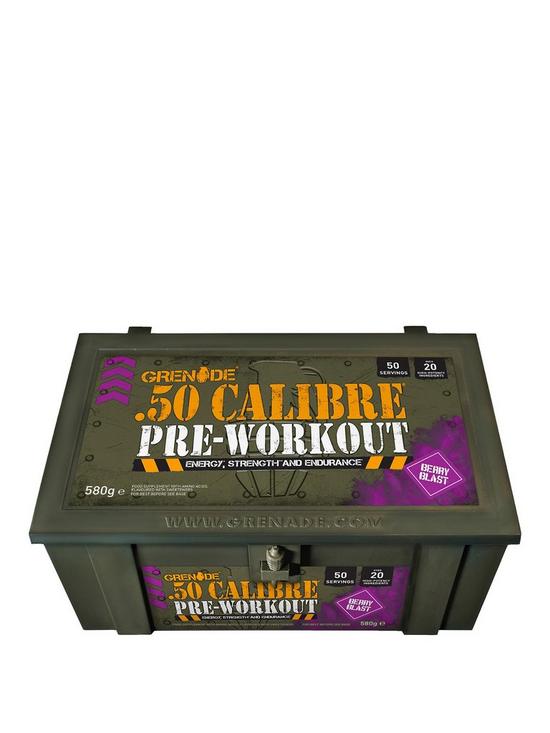 front image of grenade-50-calibre-pre-workout-energy-boost-ammo-box-580g-berry-blast