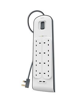 Belkin   Bsv804 8-Way, 2M Surge Protection Strip With 2 X 2.4A Shared Usb Chargers