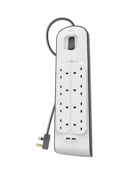 front image of belkin-bsv804-8-way-2m-surge-protection-strip-with-2-x-24a-shared-usb-chargers