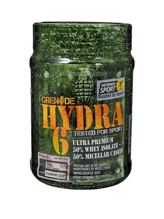 front image of grenade-hydra-6-protein-strawberry-seige-350g