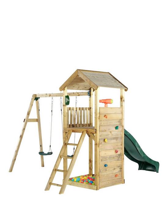 stillFront image of plum-wooden-lookout-tower-with-swings-slide-climbing-wall-and-sand-pit