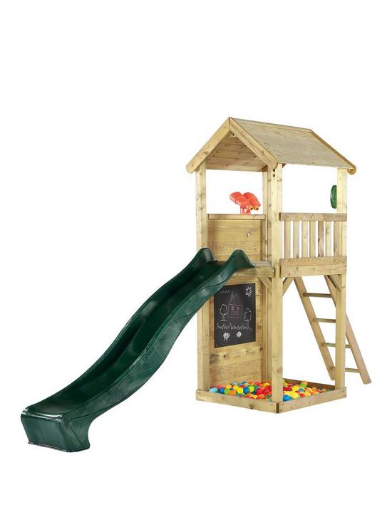 front image of plum-wooden-lookout-tower-play-centre-with-slide-climbing-wall-and-sand-pit