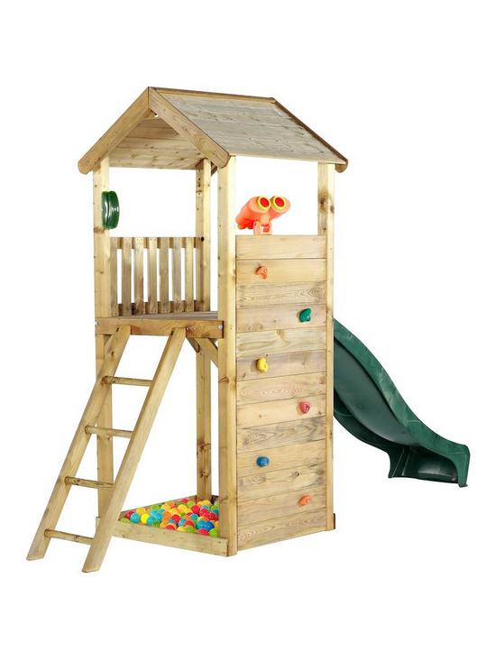 stillFront image of plum-wooden-lookout-tower-play-centre-with-slide-climbing-wall-and-sand-pit