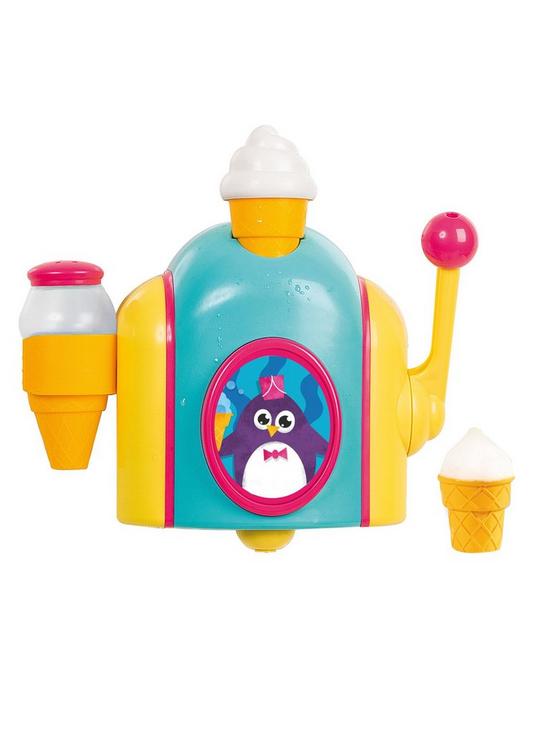 front image of tomy-foam-cone-factory-bath-toy-includes-3-cones-and-sprinkle-shaker
