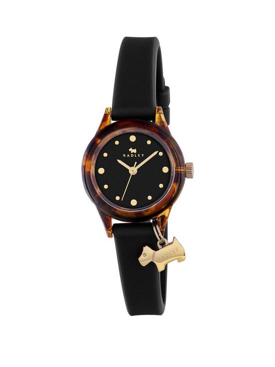 front image of radley-watch-it-tortoise-dial-with-dog-charm-black-silicone-strap-ladies-watch