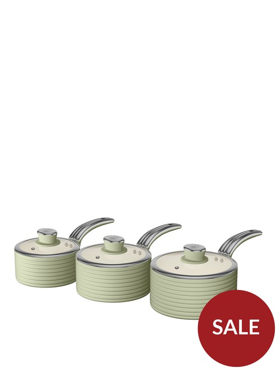 front image of swan-retro-set-of-3-saucepans-green