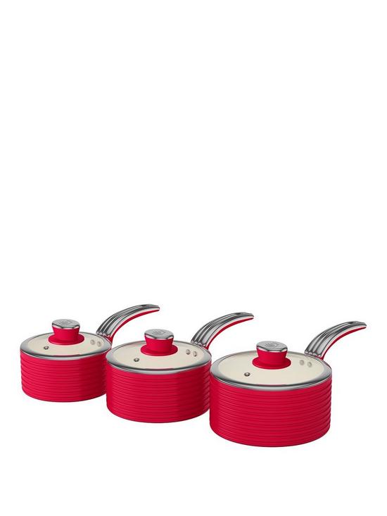 front image of swan-retro-set-of-3-saucepans-red