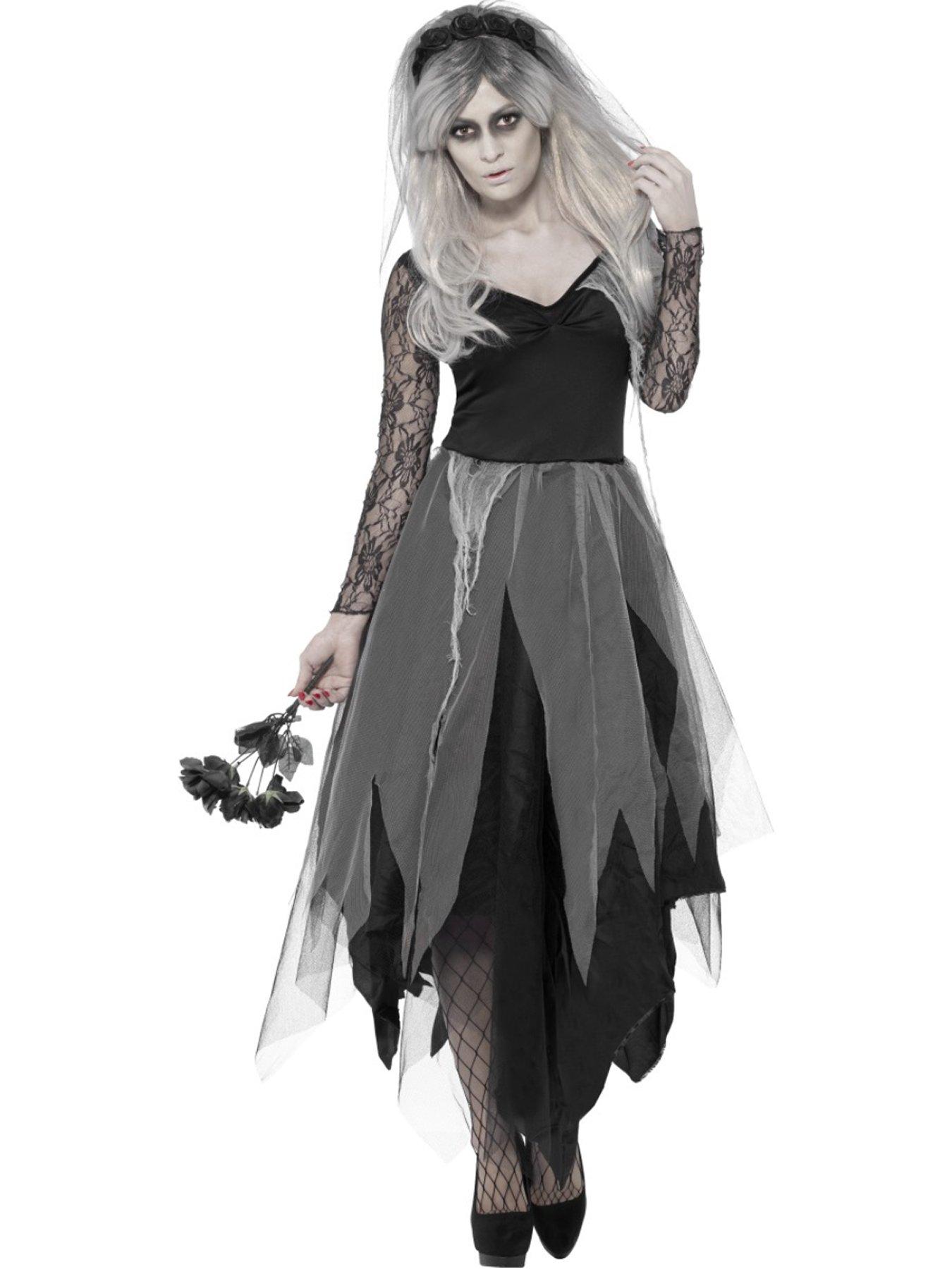  image of graveyard-bride-costume-with-dress-and-rose-veil