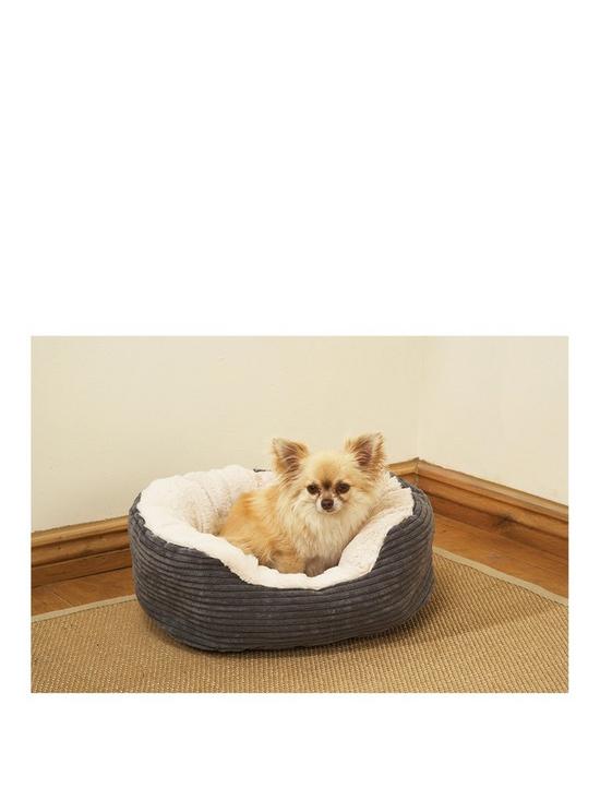 front image of rosewood-greynbspjumbo-cord-amp-cream-plush-dog-bed