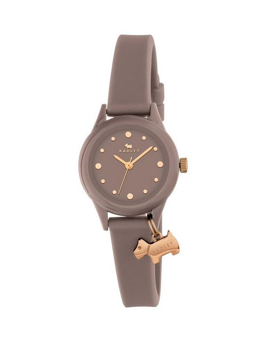 front image of radley-watch-it-grey-dial-with-dog-charm-grey-silicone-strap-ladies-watch