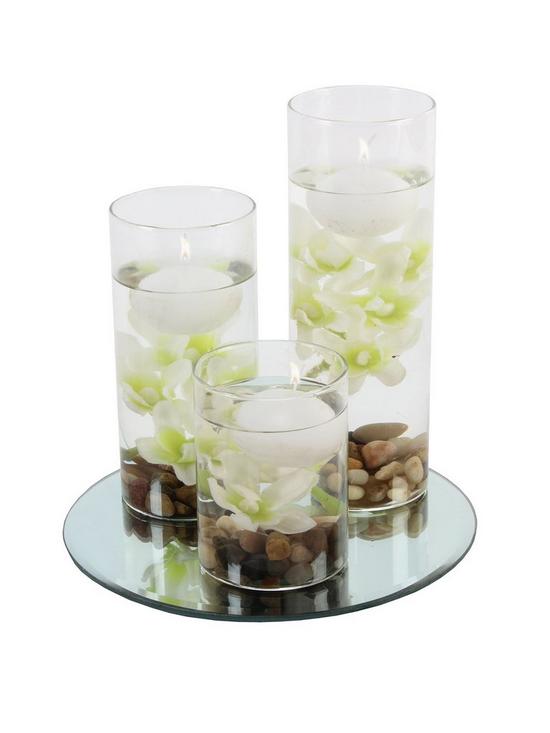 front image of hestia-set-of-3-floating-candles-with-vases-and-white-flowers-on-a-mirrored-base