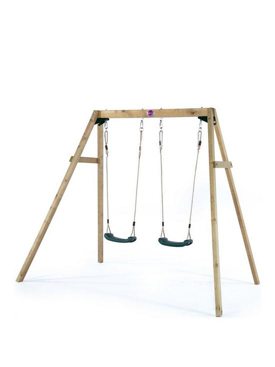 front image of plum-wooden-double-swing-set