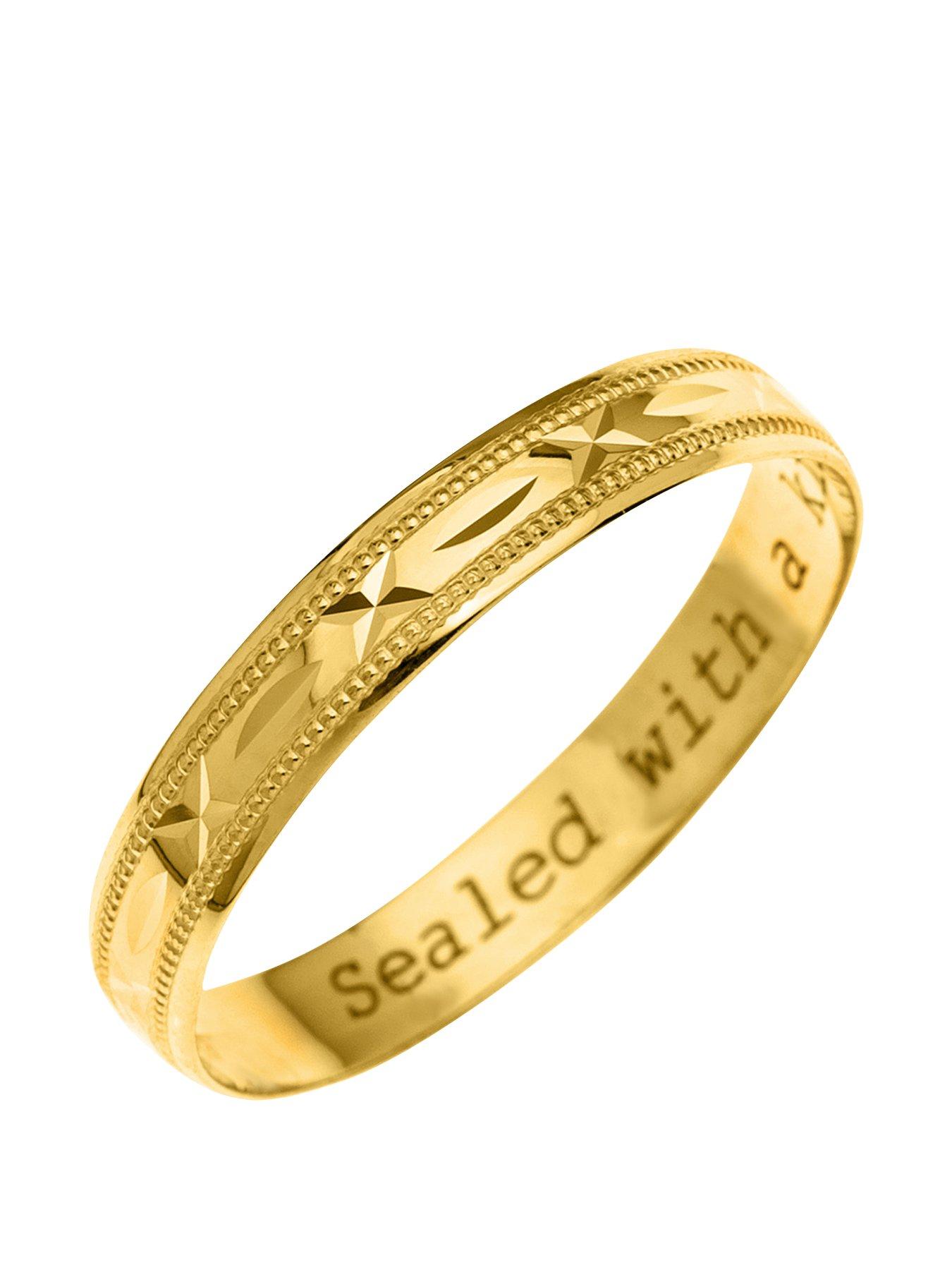 undefined 9ct Yellow Gold Diamond Cut 4mm Wedding Band With Message 'Sealed With A Kiss'