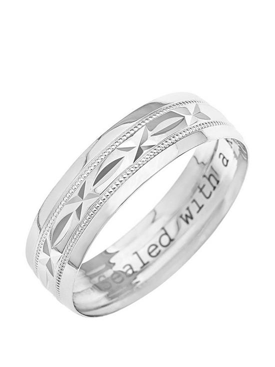 front image of love-gold-9ct-white-gold-diamond-cut-6mm-wedding-band-with-message-sealed-with-a-kiss