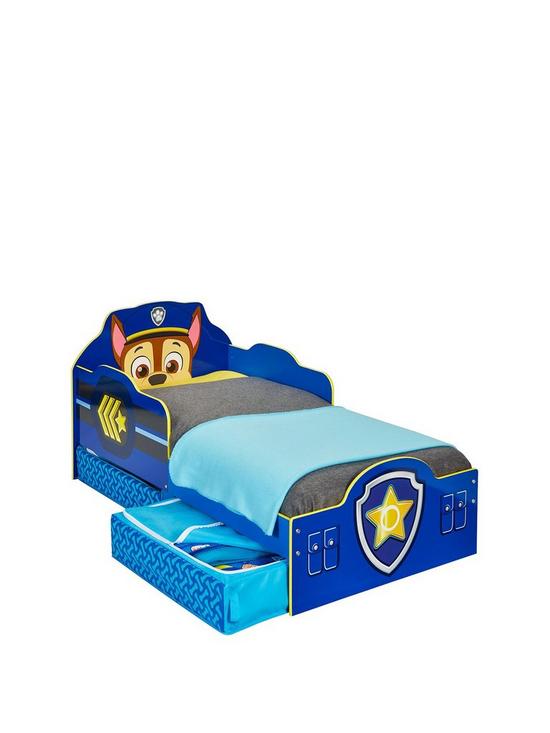 front image of paw-patrol-chase-toddler-bed-with-storage-by-hellohome