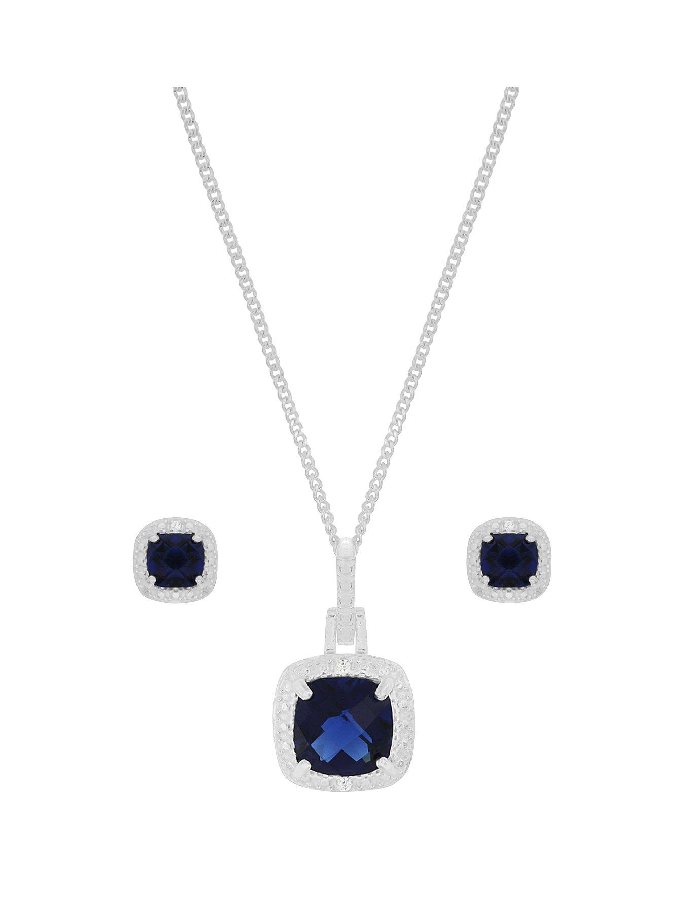 undefined Sterling Silver Blue and White Cubic Zirconia Cushion Cut Necklace and Earring Set