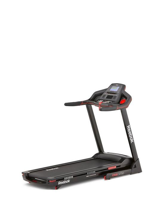 front image of reebok-gt50-one-series-treadmill-black-with-red-trim