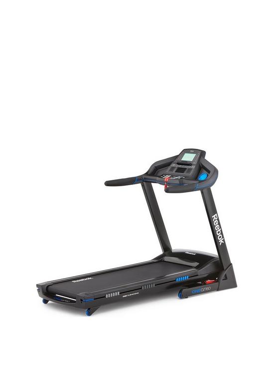 front image of reebok-gt60-one-series-treadmill-black-with-blue-trim