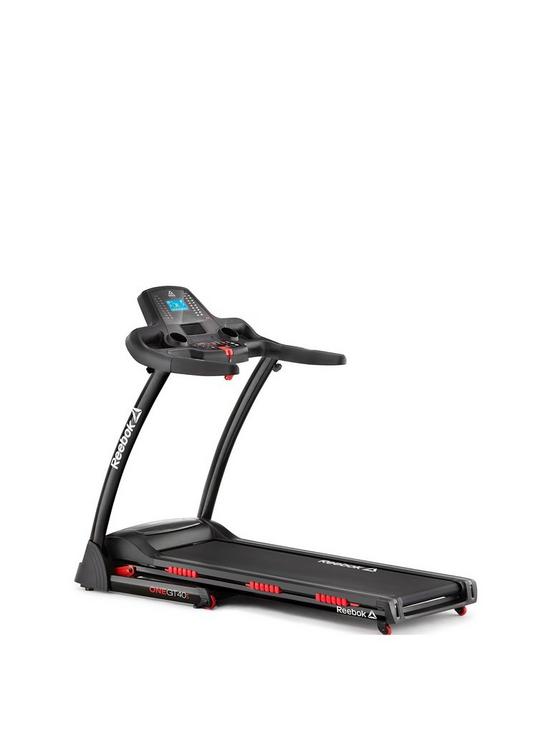 front image of reebok-gt40s-one-series-treadmill-black-with-red-trim