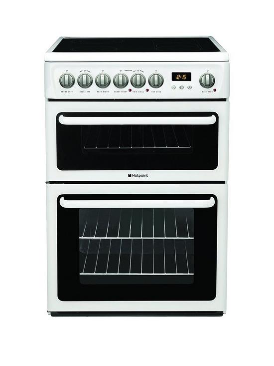 front image of hotpoint-hae60ps-ultima-60cm-ceramic-hob-double-oven-electric-cooker-white
