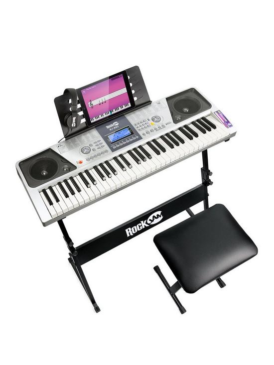 front image of rockjam-rj661-sk-rockjam-61-key-keyboard-piano-kit-with-keyboard-stand-piano-stool-and-headphones