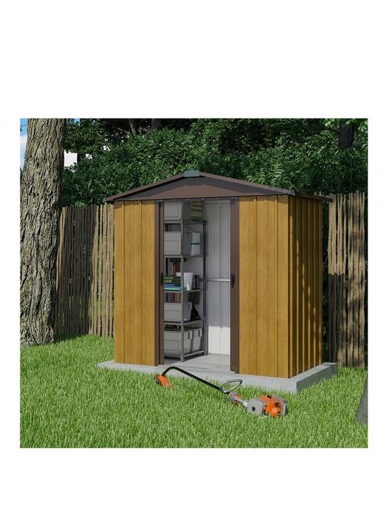 front image of yardmaster-67-x-45-ft-woodgrain-effect-apex-roof-metal-shed