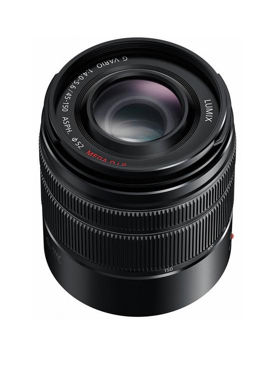 front image of panasonic-h-fs45150eka-lumix-g-vario-45-150mm-interchangeable-telephoto-zoom-lens-black