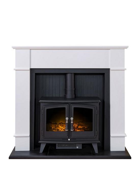 front image of adam-fires-fireplaces-oxford-stove-suite-in-pure-white-with-woodhousenbspelectricnbspstove