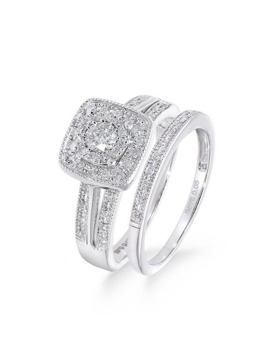 front image of love-diamond-9ct-white-gold-50-point-diamond-square-set-split-shoulder-bridal-set-of-two-rings
