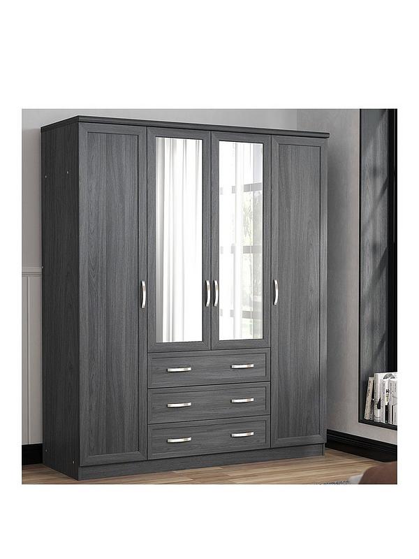Camberley 4 Door 3 Drawer Mirrored, Dark Grey Mirrored Wardrobe