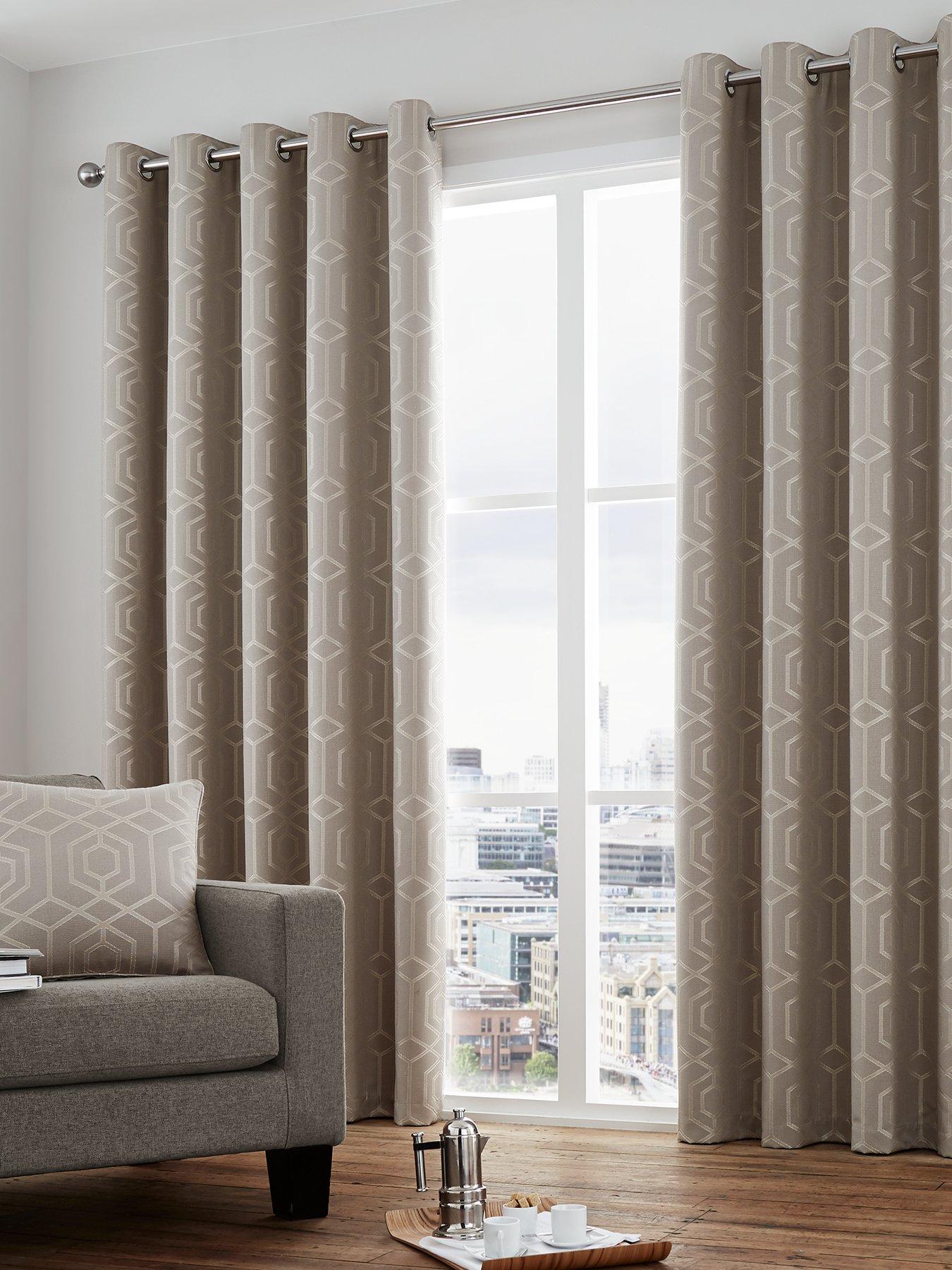 JACQUARD CHECK LATTE BEIGE LINED RING TOP EYELET CURTAINS DRAPES *6 SIZES* 