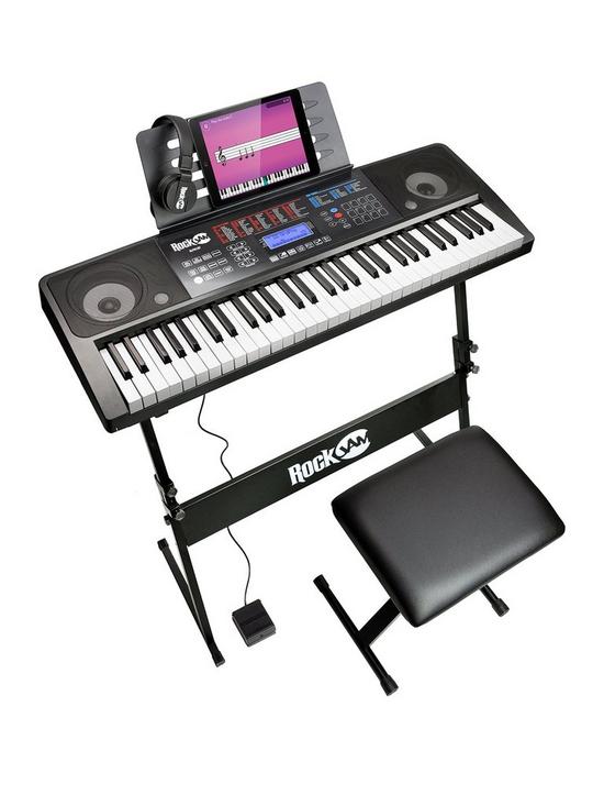 front image of rockjam-rj761-sk-rockjam-61-key-midi-keyboard-piano-kit-with-keyboard-stand-piano-stool-sustain-pedal-and-headphones