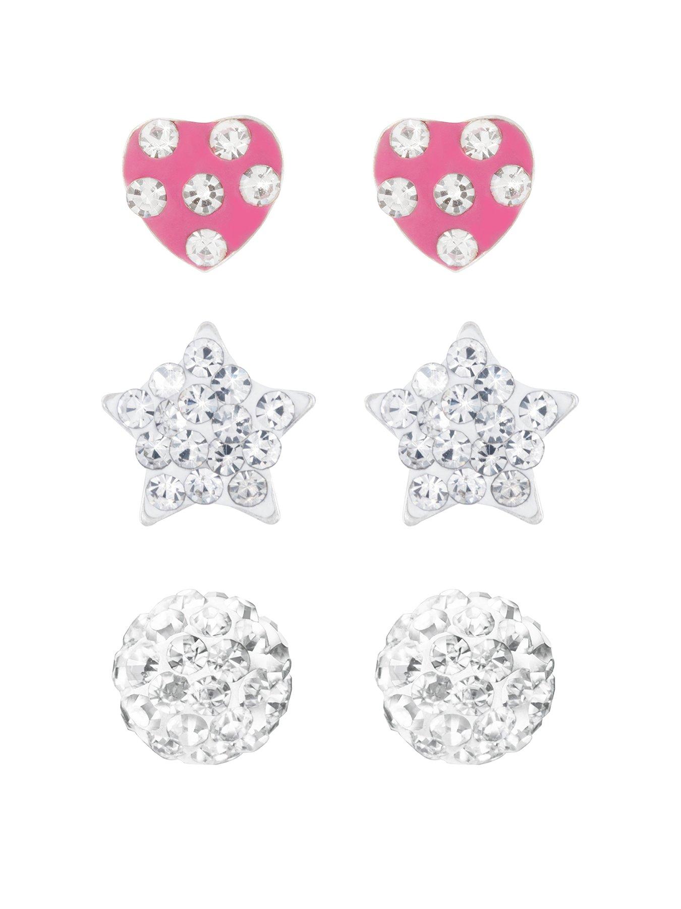 undefined Sterling Silver Ball, Heart and Star Crystal Stud Childrens Set of 3 Earrings