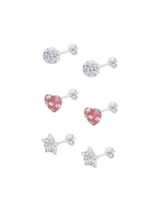 stillFront image of the-love-silver-collection-sterling-silver-ball-heart-and-star-crystal-stud-childrens-set-of-3-earrings