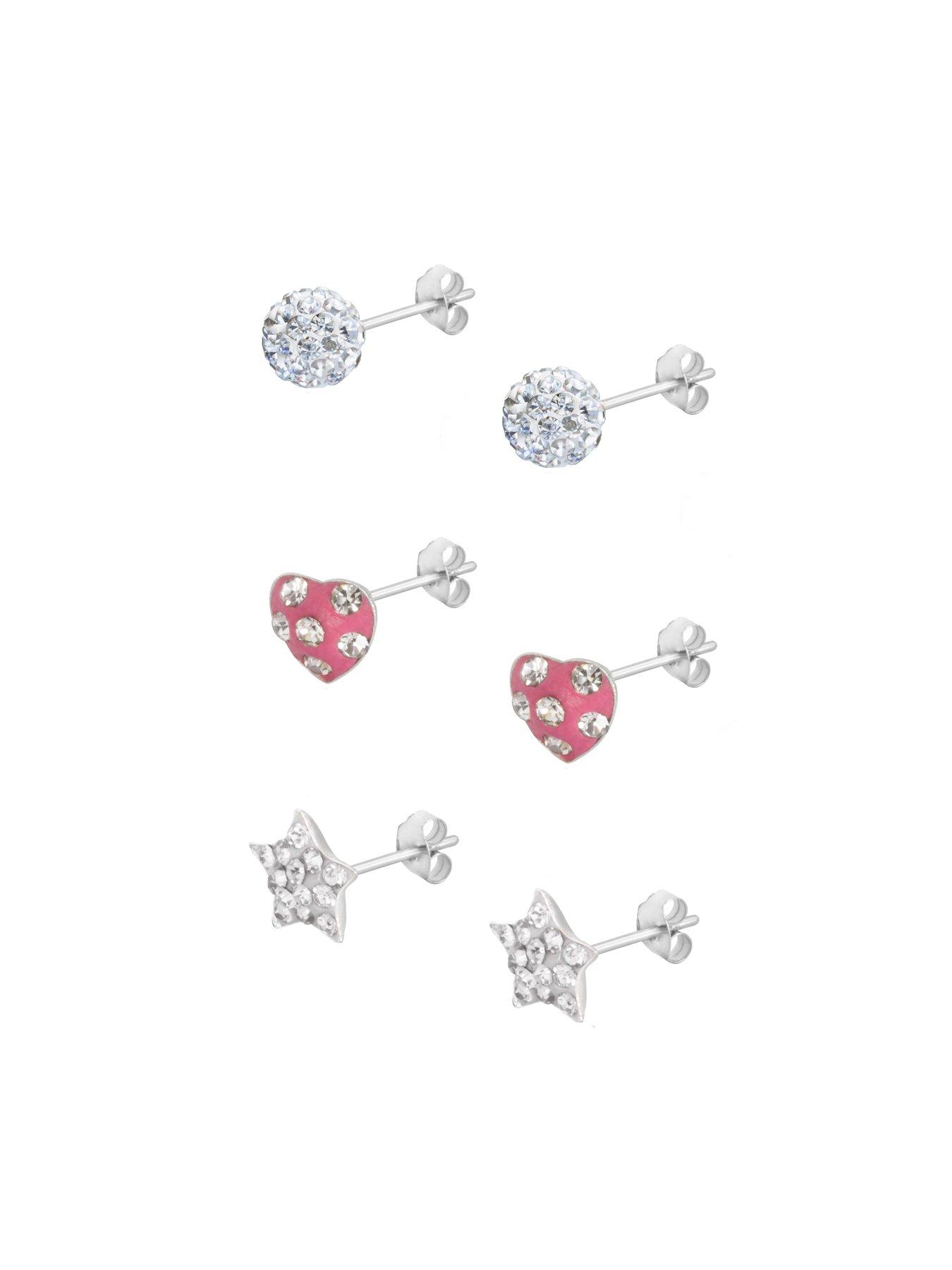 Image 2 of 6 of The Love Collection Sterling Silver Ball, Heart and Star Crystal Stud Childrens Set of 3 Earrings