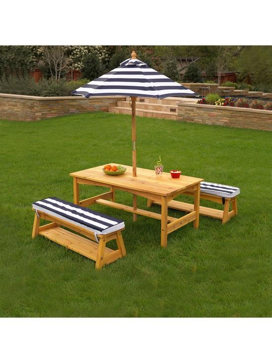 front image of kidkraft-outdoor-picnic-table-amp-bench-set-with-cushions-amp-umbrella